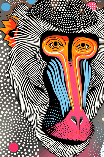 Ilustración vectorial de un mandril estilo tribal con patrones de puntos y colores vivos.