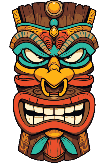Una máscara tribal feroz y detallada con colores vibrantes, colmillos prominentes y mirada intimidante