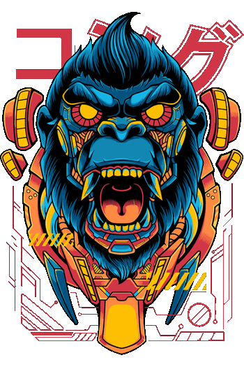 Ilustración de gorila King Kong estilo robot mecha cyberpunk con letras japonesas para estampado.