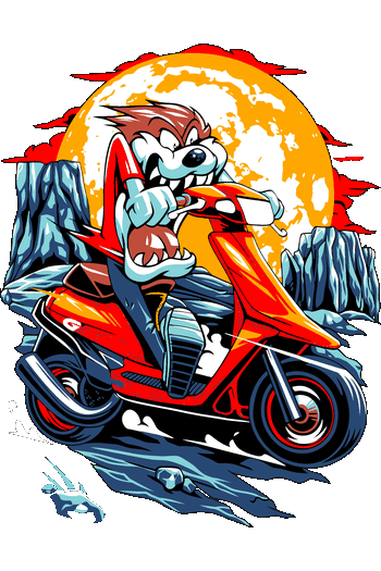 Ilustración vectorial de un lobo caricaturesco conduciendo una motoneta roja bajo la luna llena.