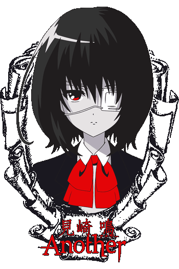Ilustración vectorial del personaje Misaki Mei del anime Another con parche en el ojo y marco de pergaminos.