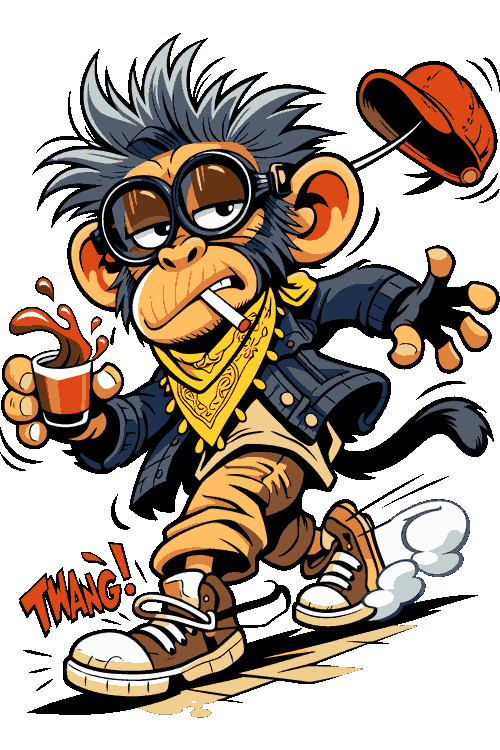 Diseño vectorial de mono rebelde corriendo con café derramado, antiparras y texto comic TWANG