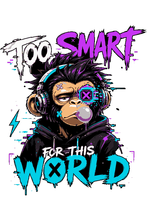 Diseño vectorial de chimpancé con audífonos, chicle, visor cibernético y texto Too Smart For This World.