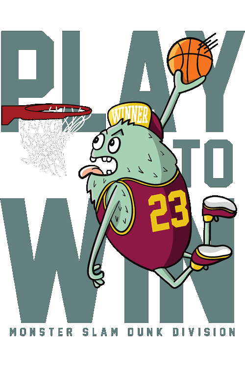Ilustración vectorial de monstruo animado encestando en baloncesto con la frase Play to Win.