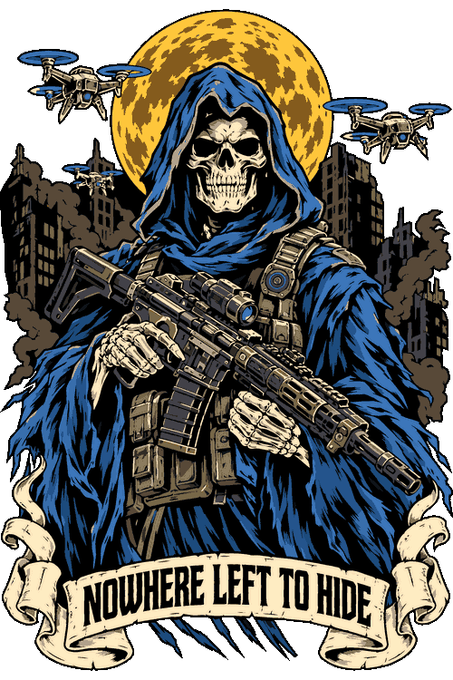 Ilustración vectorial de la Muerte táctica con rifle de asalto, drones y texto Nowhere Left To Hide.