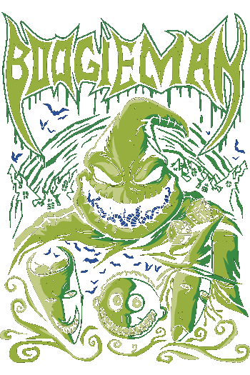 Ilustración vectorial de Oogie Boogie en tonos verdes con gusanos en la boca y las máscaras de Lock, Shock y Barrel.