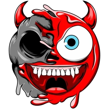 Emoticono rojo de diablo con cuernos y colmillos revelando una calavera lateral.