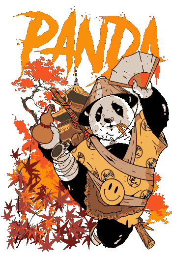 El panda guerrero con sombrero cónico, abanico, calabaza y kimono roto