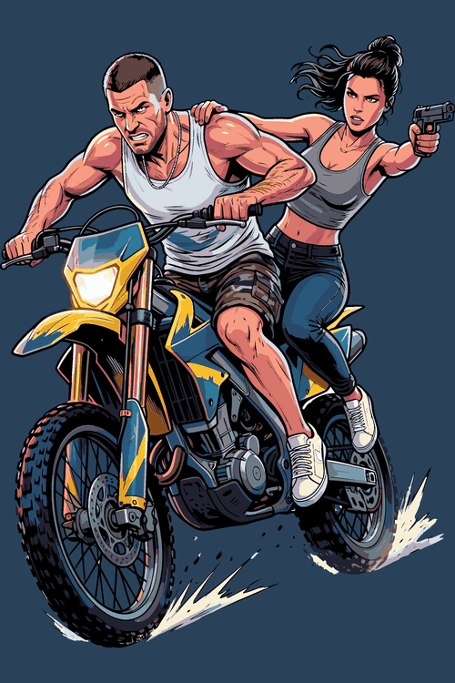 Diseño vectorial de pareja en motocicleta enduro a alta velocidad apuntando en persecución