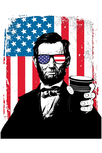 Ilustración retro de Abraham Lincoln con gafas de sol y bandera de Estados Unidos estilo grunge.
