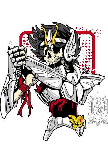 Gráfico oscuro de Seiya Caballero de Pegaso versión esqueleto y armadura rota para estampado DTF.