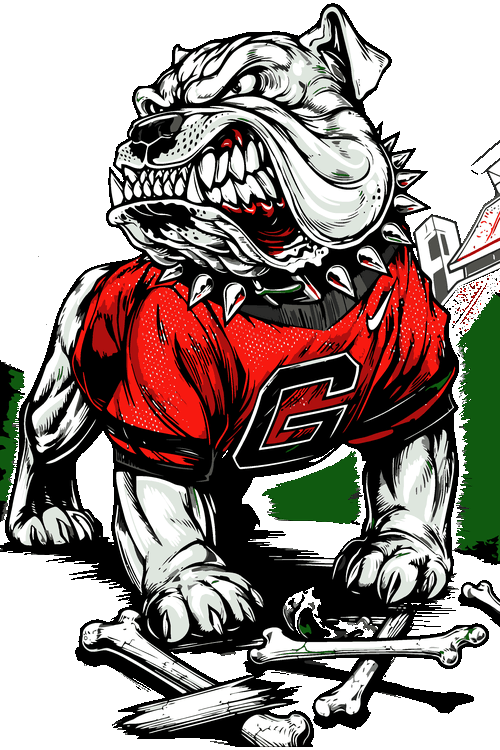Ilustración vectorial de perro bulldog enojado con camiseta roja deportiva y huesos.
