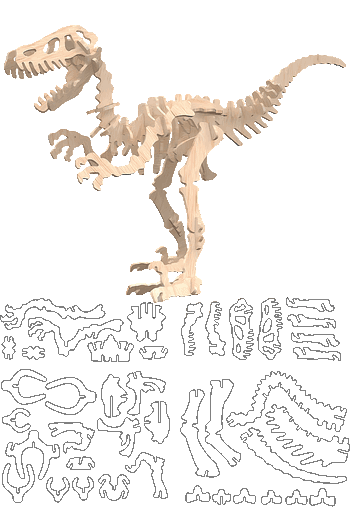 Diseño vectorial y ensamblaje 3D de esqueleto de Velociraptor para maquetas en madera.