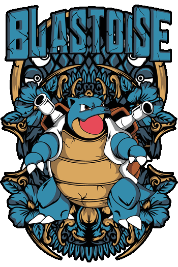 Diseño vectorial del Pokémon Blastoise con sus cañones de agua en un marco ornamental con flores azules y detalles dorados.