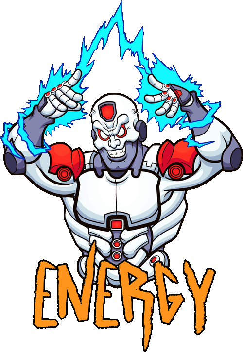 Ilustración vectorial de cyborg robot emanando rayos eléctricos con texto Energy.
