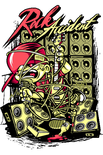 Ilustración rockera de guitarrista enredado en cables con amplificadores para impresión textil.