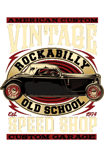 Convertible negro estilo hot rod con texto “Rockabilly Old School”