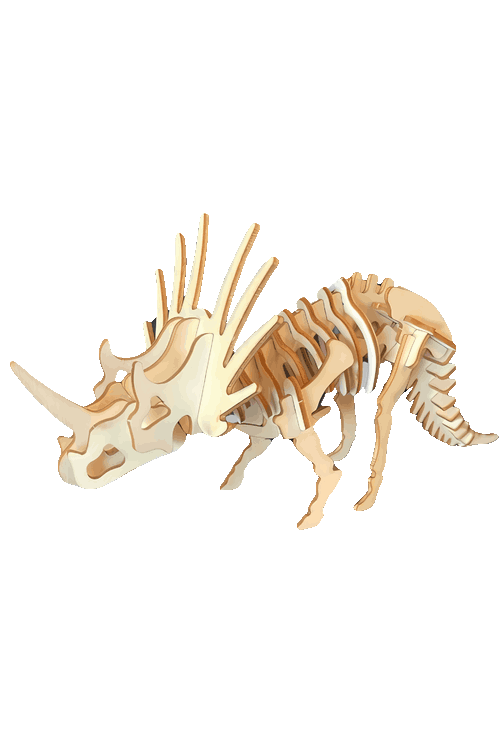 Maqueta 3D armable de esqueleto de Estiracosaurio ceratópsido para corte láser en MDF.