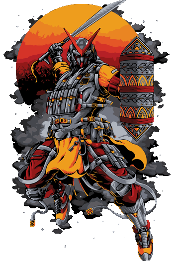 Ilustración de samurai futurista con armadura táctica, espada en alto y escudo decorado, con fondo de sol rojo estilo japonés.
