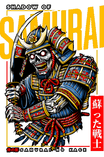 Diseño gráfico vectorial de un samurái esqueleto con armadura de colores y textos en japonés.