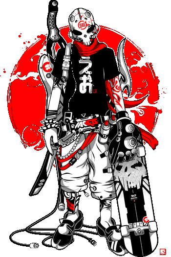 Ilustración vectorial de skater futurista estilo anime mecha con máscara, tabla de skate y sol rojo de fondo.