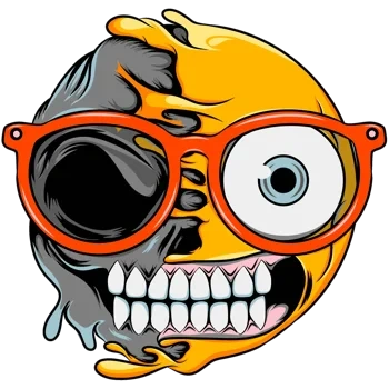 Ilustración vectorial de un emoji derretido con lentes rojos, revelando una calavera en su mitad izquierda. Estilo horror pop