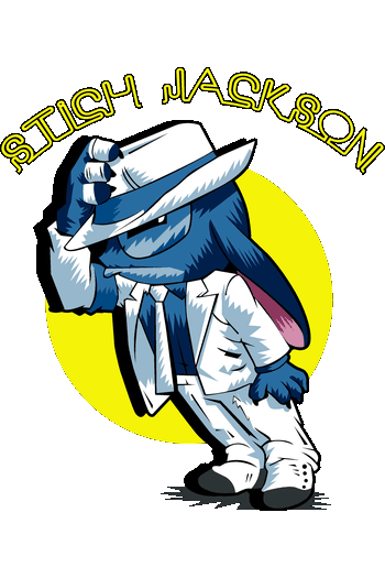 Ilustración de Stitch parodiando a Michael Jackson con traje blanco y sombrero para estampado de playeras.