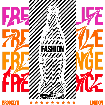 "Diseño vectorial urbano con palabra 'FREE' repetida, botella de champán, 'BROOKLYN' y 'LONDON', estilo festivo