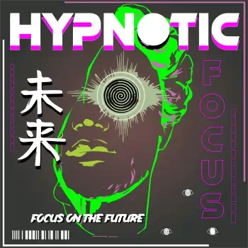 Vector de rostro hipnótico con ojo neón verde, texto 'Focus on the Future' y kanji japonés