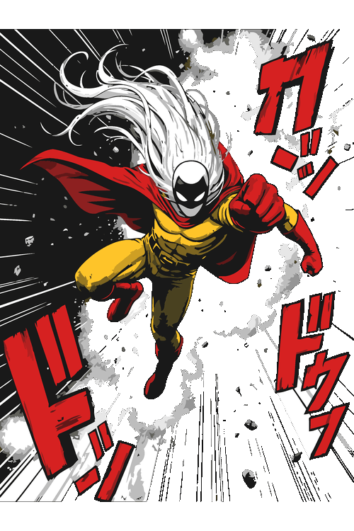 Superhéroe calvo con máscara negra y ojos blancos brillantes lanzando un puñetazo, con capa roja y traje amarillo sobre fondo negro con katakana rojo