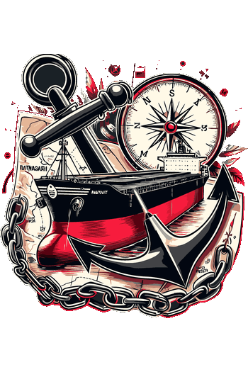 Vector náutico de barco de carga con ancla, brújula y cadenas estilo tatuaje para remeras.