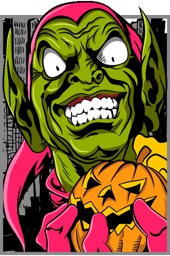 Ilustración vectorial del Duende Verde con bomba de calabaza de Halloween para estampado de camisetas.