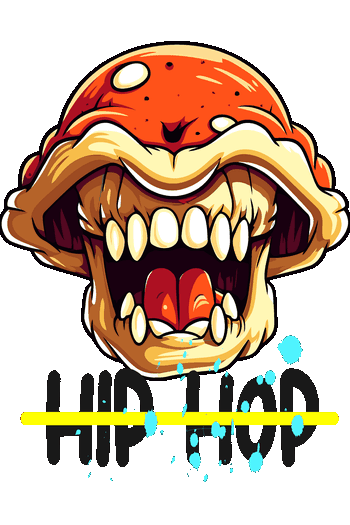 Vector de boca gigante de estilo cartoon, dientes amarillos, saliva azul, texto 'HIP HOP' en negro y amarillo