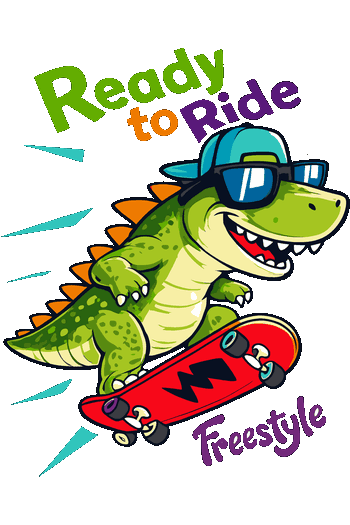 Diseño vectorial de dinosaurio verde con gorra y gafas de sol, montando skateboard rojo, texto 'Ready to Ride Freestyle',