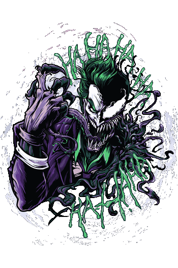 Ilustración híbrida de Joker mezclado con Venom y texto Ha Ha Ha para remeras oscuras.