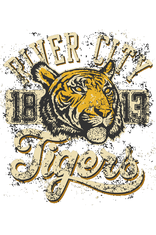 Ilustración vectorial de tigre en estilo vintage varsity con texto River City Tigers 1813.