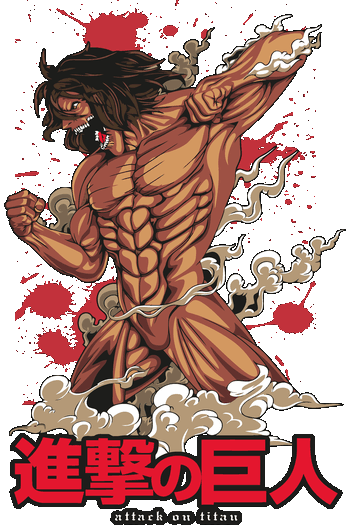 Vector de Eren Jaeger en forma de Titán de Ataque lanzando un golpe con manchas de sangre de fondo.