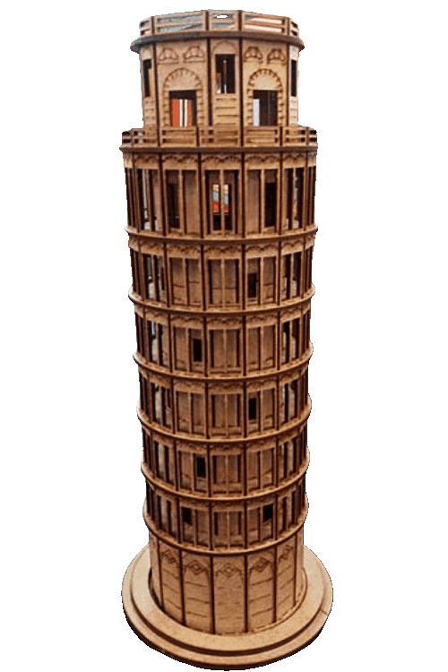 Modelo 3D para corte láser de la Torre Inclinada de Pisa en mdf con detalles arquitectónicos.
