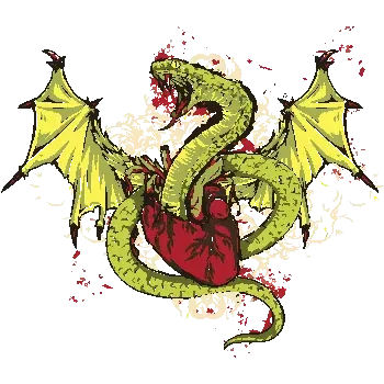 Diseño vectorial de dragón verde rodeando un corazón humano rojo con alas y sangre