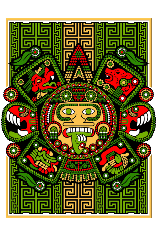 Ilustración vectorial del Calendario Azteca Piedra del Sol estilo puntillismo huichol con grecas prehispánicas.