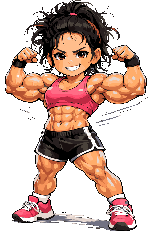 Arte vectorial de una chica estilo chibi musculosa mostrando bíceps y abdomen tonificado.