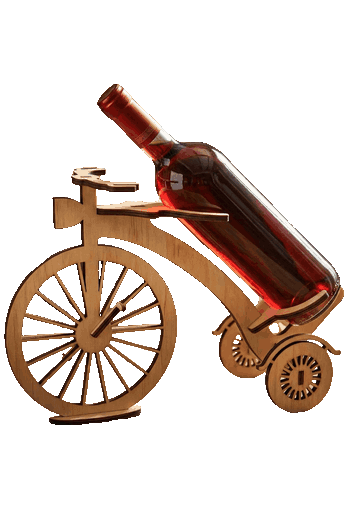 Diseño 3D en madera mdf cortado a láser de un portabotellas de vino con forma de bicicleta.