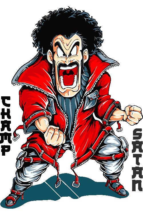Ilustración vectorial de Mr. Satán gritando con chaqueta roja y tipografía de campeón.