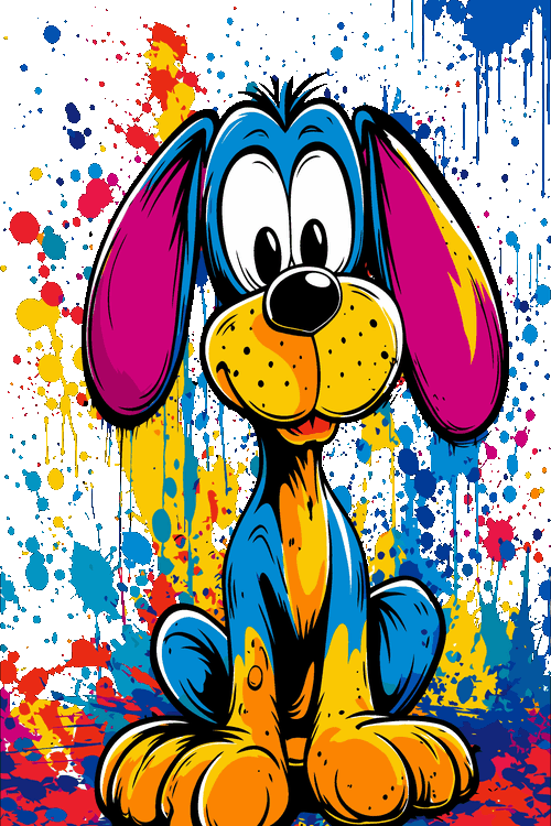 Ilustración vectorial de cachorro animado sobre fondo de salpicaduras de pintura.