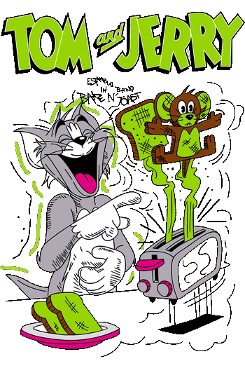 Diseño vectorial cómico de Tom riéndose con Jerry saliendo de la tostadora.