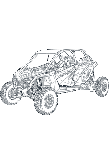 Vector lineal detallado de un vehículo UTV todoterreno Polaris RZR de cuatro plazas sobre fondo blanco.