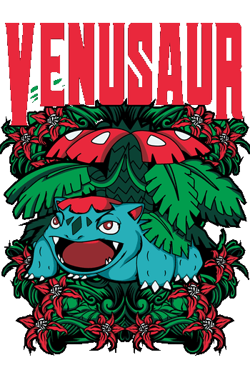 Diseño vectorial de Venusaur de anime con marco ornamental de flores rojas para estampado de camisetas