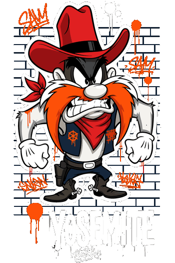 Gráfico urbano de Sam Bigotes en pared de ladrillos con grafiti Yosemite para camisetas streetwear.
