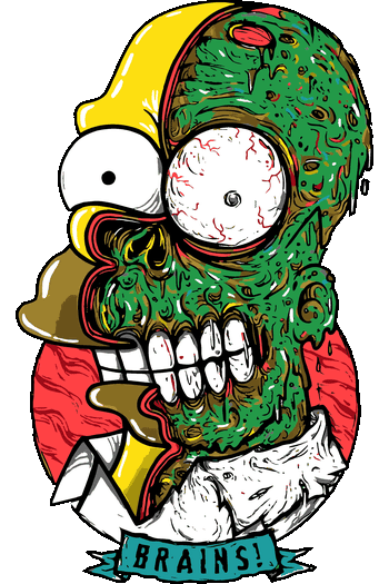 Gráfico de Homero Simpson zombie con cerebro derretido y chispitas para impresión textil alternativa.