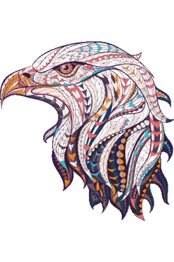 Ilustración vectorial de cabeza de águila con patrones tribales y ojos dorados, fondo negro